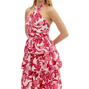 Entro Tiered Halter Dress Red, Pink & White Floral Ruched Back Size Large